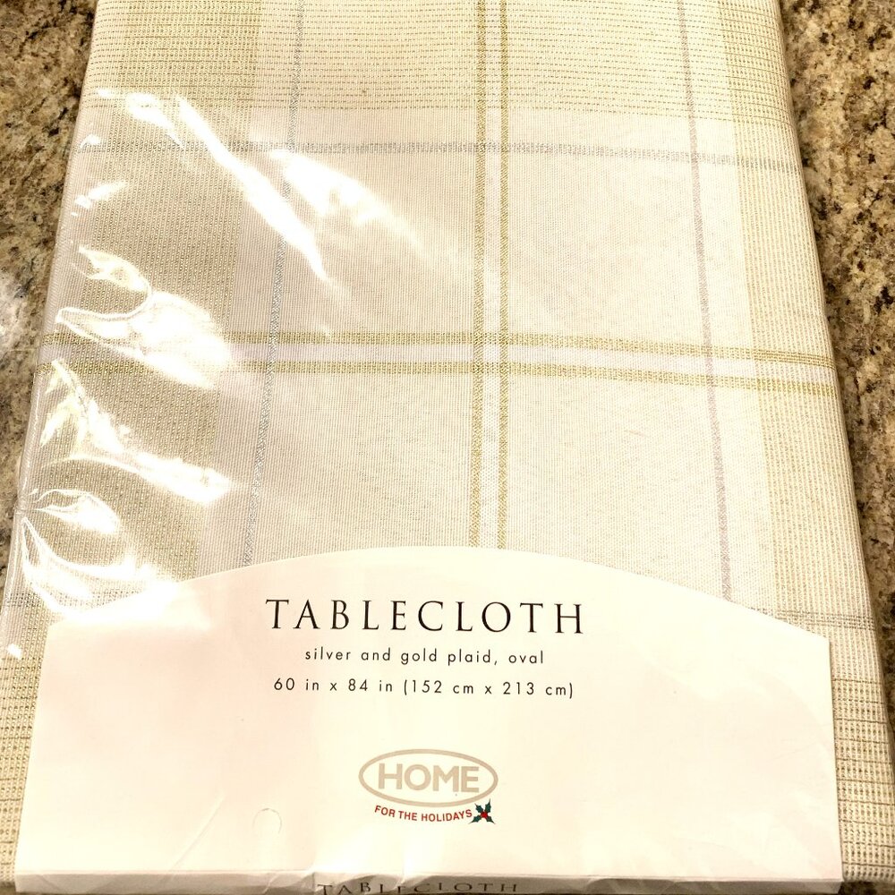 Vintage Target Silver and Gold Plaid 60x84 Oval Tablecloth Home for the Holidays